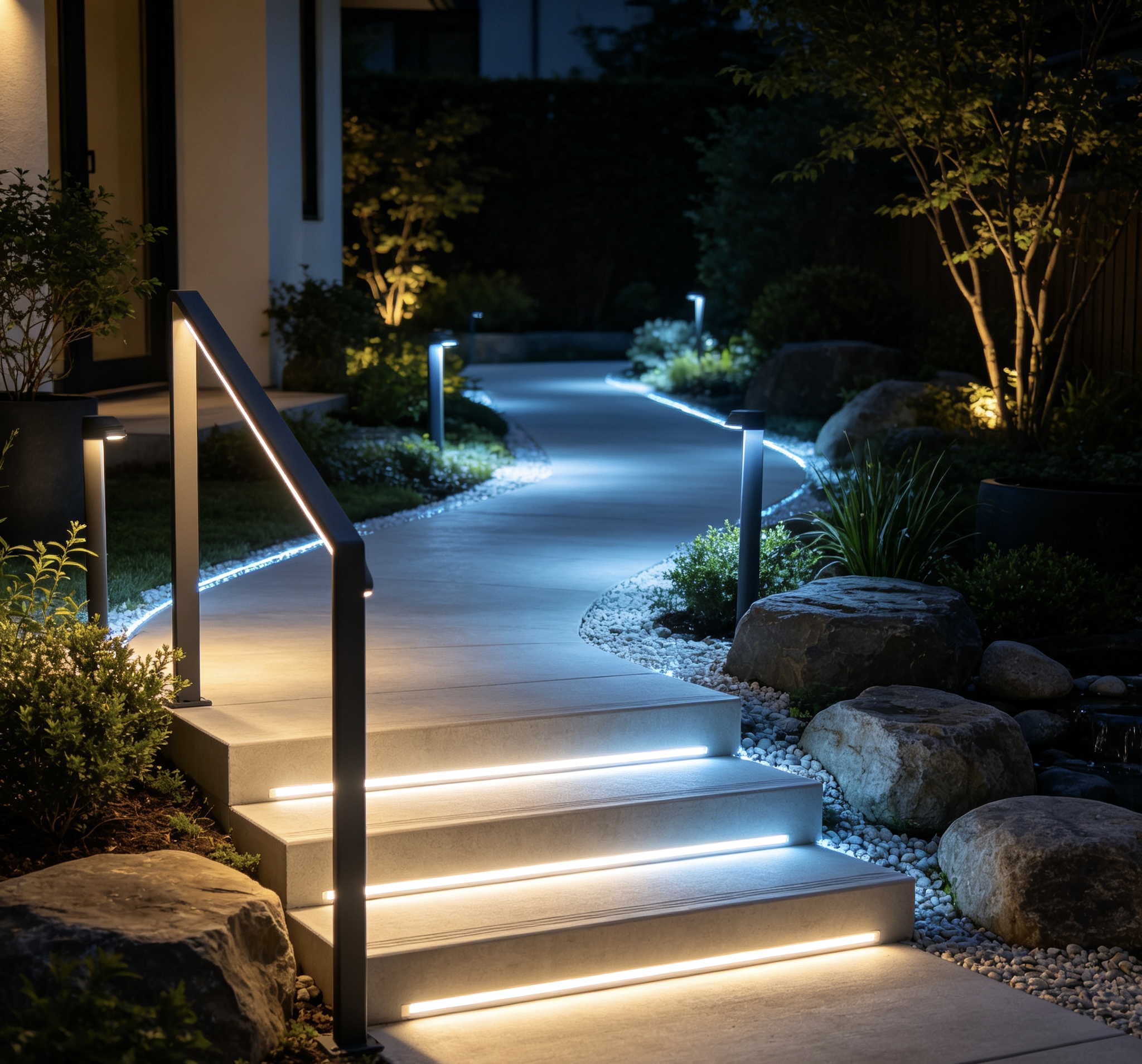 Linear pathway lighting in a landscaped commercial space