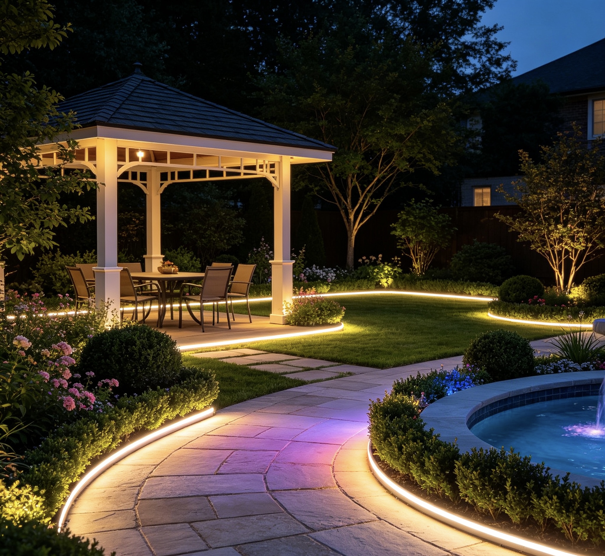 Outdoor linear lighting in a garden setting