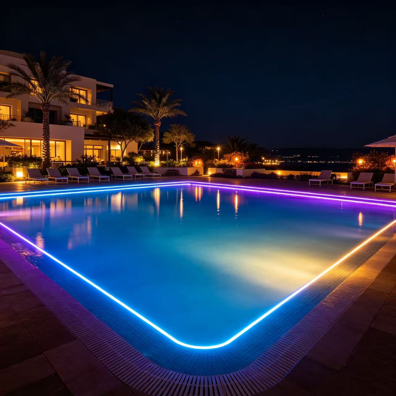 Linear lighting around a resort swimming pool