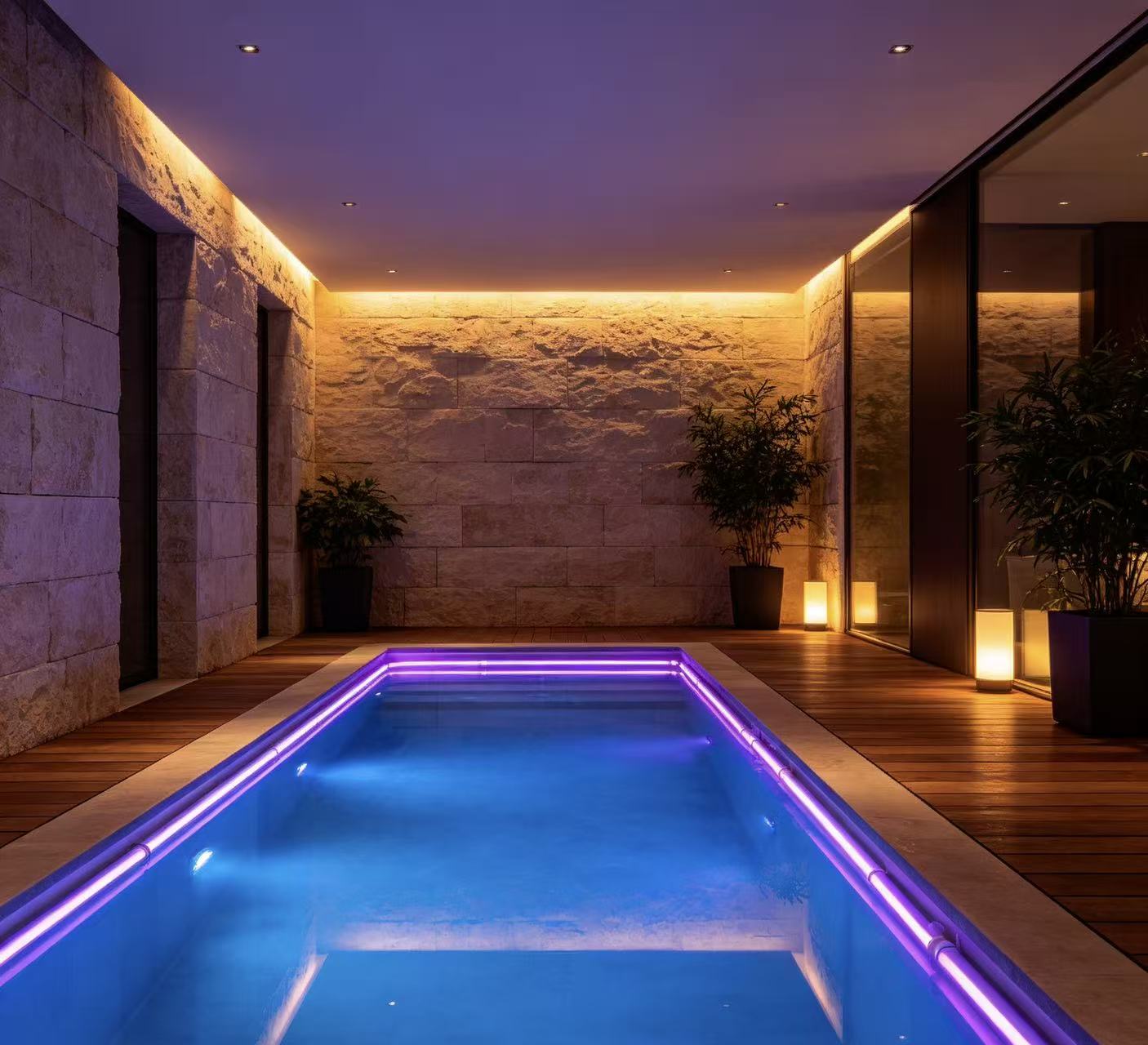 Integrated lighting around a courtyard pool